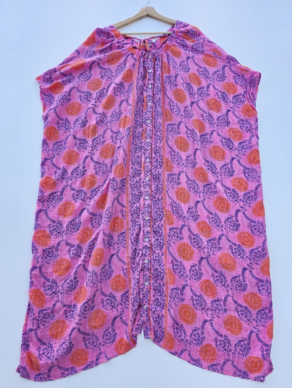 Anthropologie Pink Cotton Gauze Button Front Kaftan Swimsuit Cover Dress L/XL